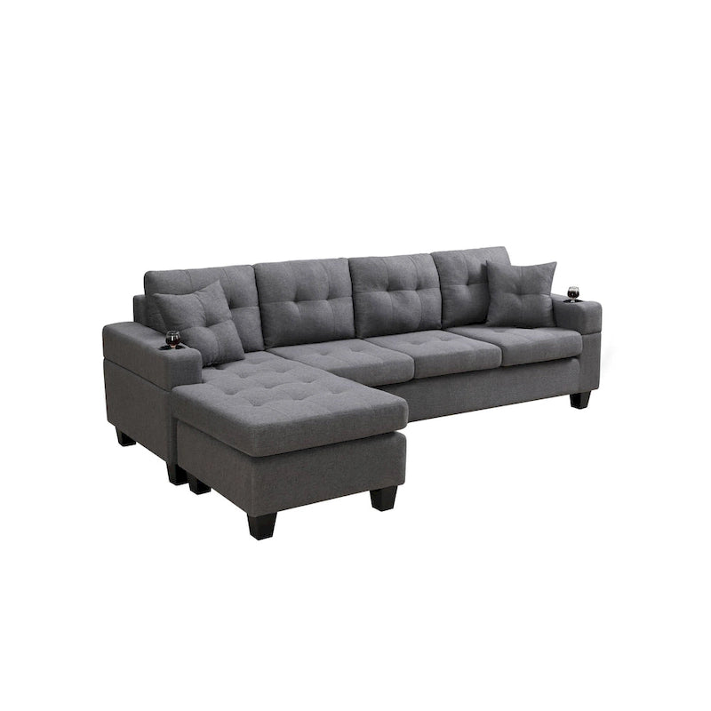 Canapé sectionnel en tissu polyester gris/noir avec méridienne interchangeable et porte-gobelets - 3 places et plus
