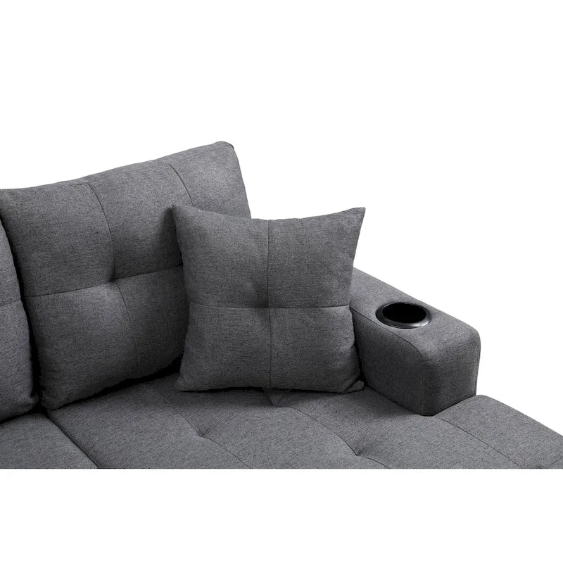 Canapé sectionnel en tissu polyester gris/noir avec méridienne interchangeable et porte-gobelets - 3 places et plus