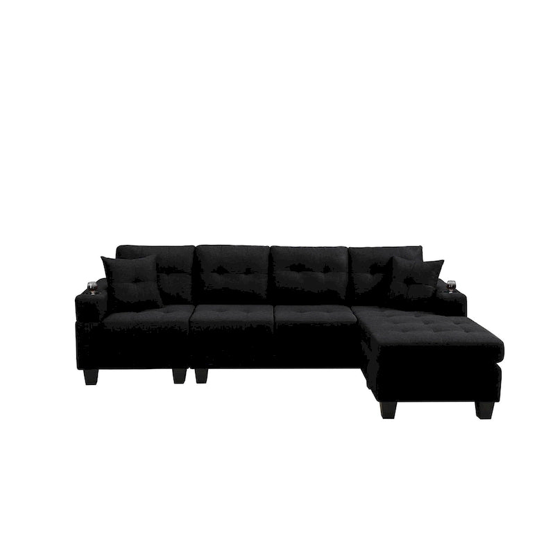 Canapé sectionnel en tissu polyester gris/noir avec méridienne interchangeable et porte-gobelets - 3 places et plus