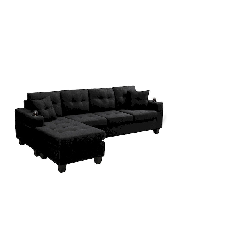 Canapé sectionnel en tissu polyester gris/noir avec méridienne interchangeable et porte-gobelets - 3 places et plus