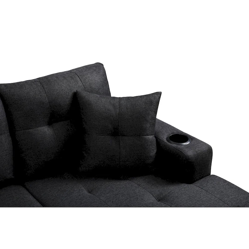 Canapé sectionnel en tissu polyester gris/noir avec méridienne interchangeable et porte-gobelets - 3 places et plus