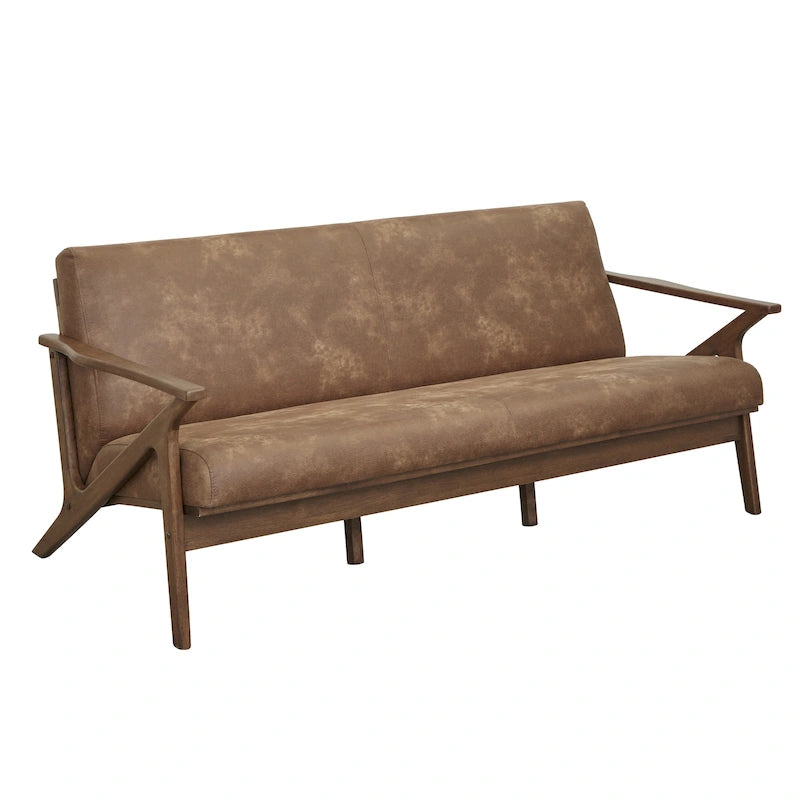 Canapé moderne du milieu du siècle en similicuir brun camel/noir avec accoudoirs inclinés et pieds en noyer – 3 places