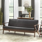 Canapé moderne du milieu du siècle en similicuir brun camel/noir avec accoudoirs inclinés et pieds en noyer – 3 places