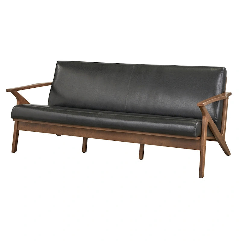 Canapé moderne du milieu du siècle en similicuir brun camel/noir avec accoudoirs inclinés et pieds en noyer – 3 places