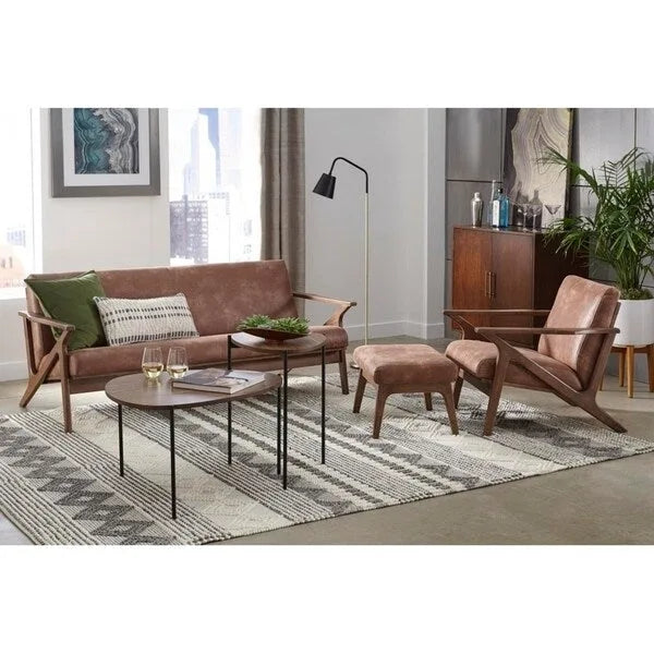 Canapé moderne du milieu du siècle en similicuir brun camel/noir avec accoudoirs inclinés et pieds en noyer – 3 places