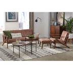 Canapé moderne du milieu du siècle en similicuir brun camel/noir avec accoudoirs inclinés et pieds en noyer – 3 places