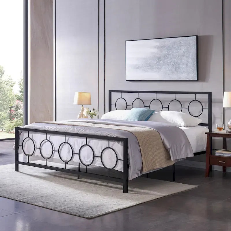 Lit plateforme en fer moderne noir/blanc - Convient pour 2 personnes