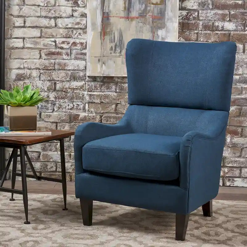 Fauteuil club contemporain en tissu avec pieds en bouleau, couleur bleu marine/charbon – Usage unique