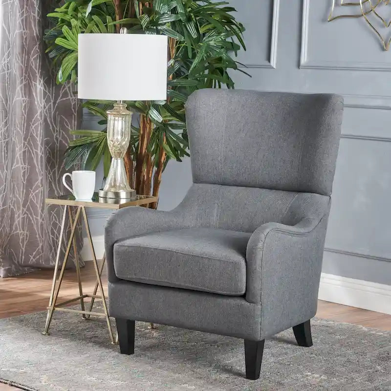 Fauteuil club contemporain en tissu avec pieds en bouleau, couleur bleu marine/charbon – Usage unique