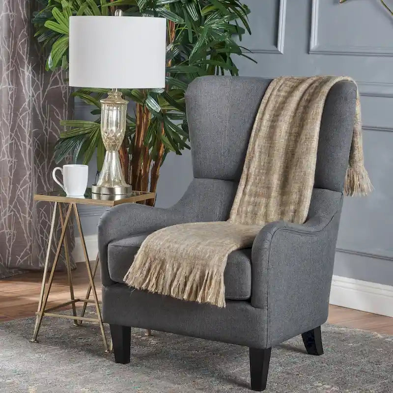 Fauteuil club contemporain en tissu avec pieds en bouleau, couleur bleu marine/charbon – Usage unique