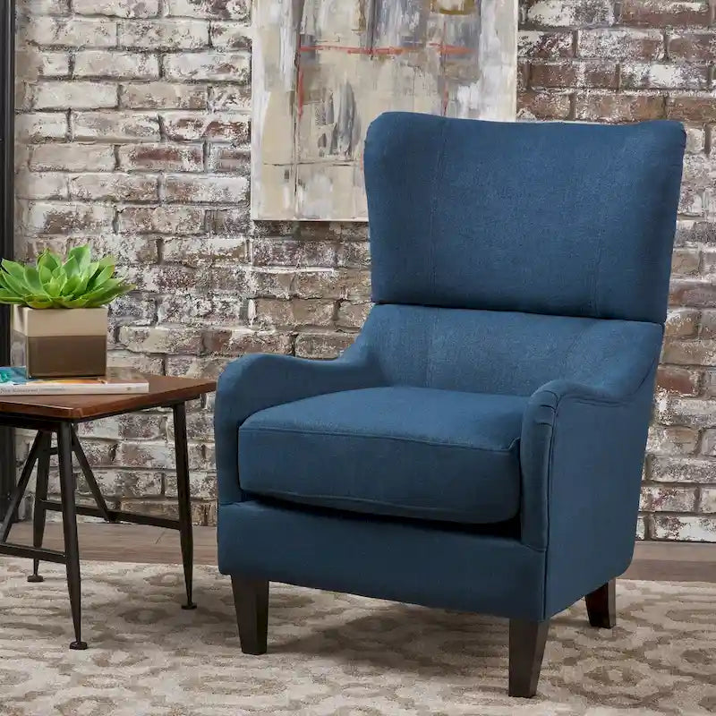 Fauteuil club contemporain en tissu avec pieds en bouleau, couleur bleu marine/charbon – Usage unique
