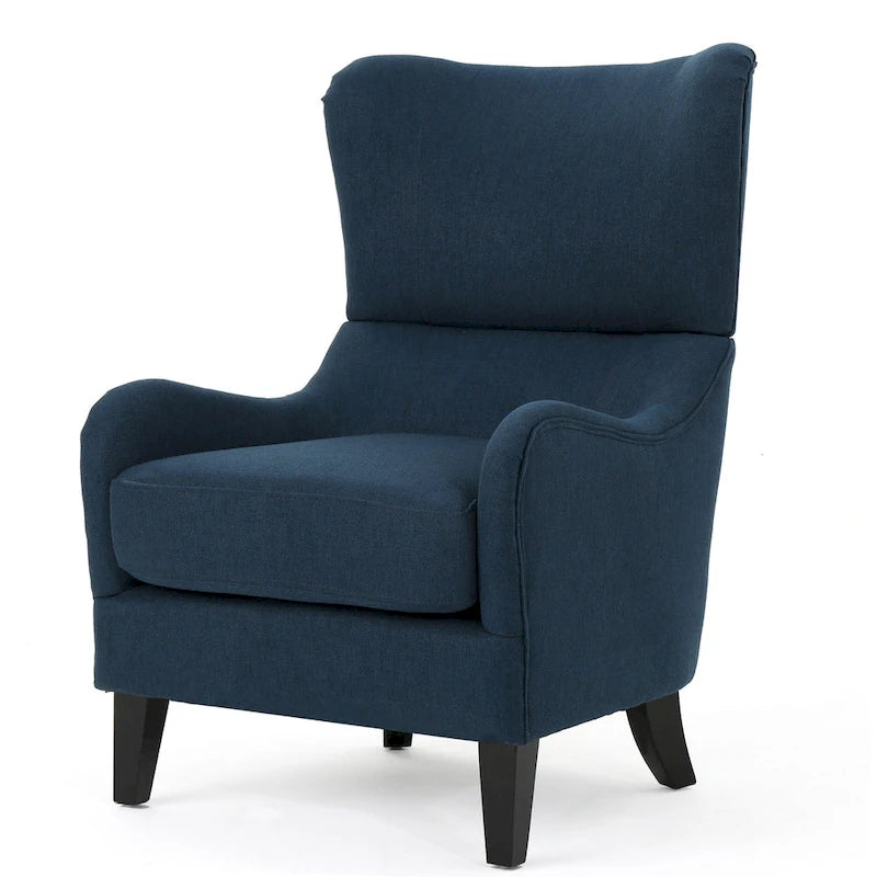 Fauteuil club contemporain en tissu avec pieds en bouleau, couleur bleu marine/charbon – Usage unique