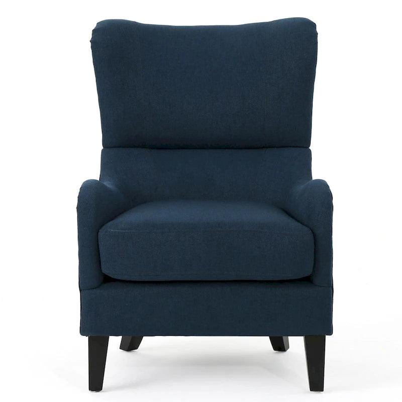 Fauteuil club contemporain en tissu avec pieds en bouleau, couleur bleu marine/charbon – Usage unique