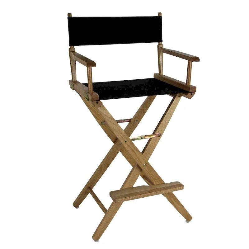 Chaise de réalisateur pliable, hauteur bar, en chêne américain, naturel/noir/chêne Mission, avec toile de coton – Usage unique