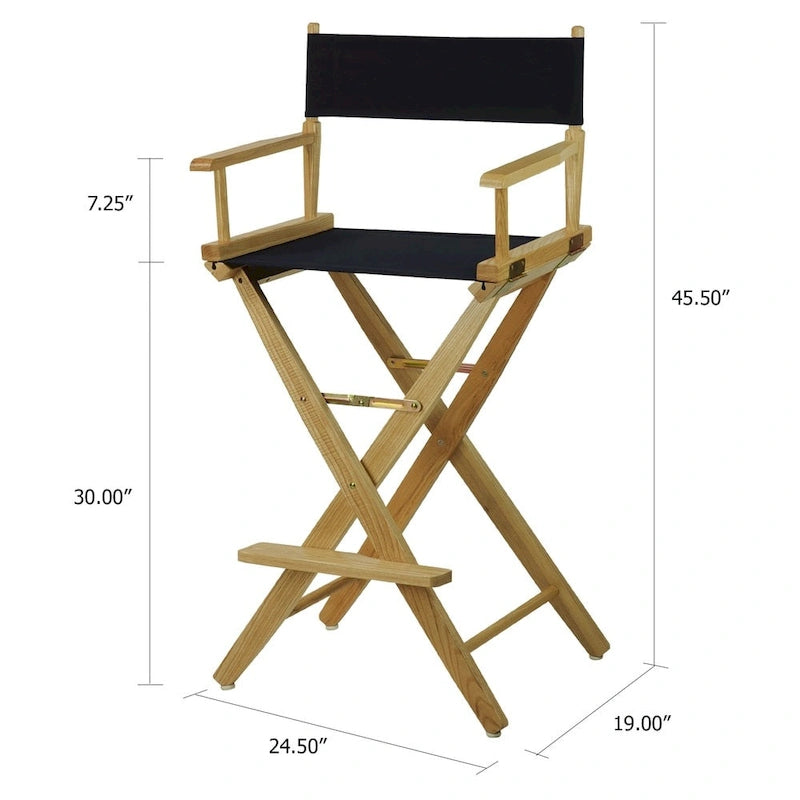 Chaise de réalisateur pliable, hauteur bar, en chêne américain, naturel/noir/chêne Mission, avec toile de coton – Usage unique