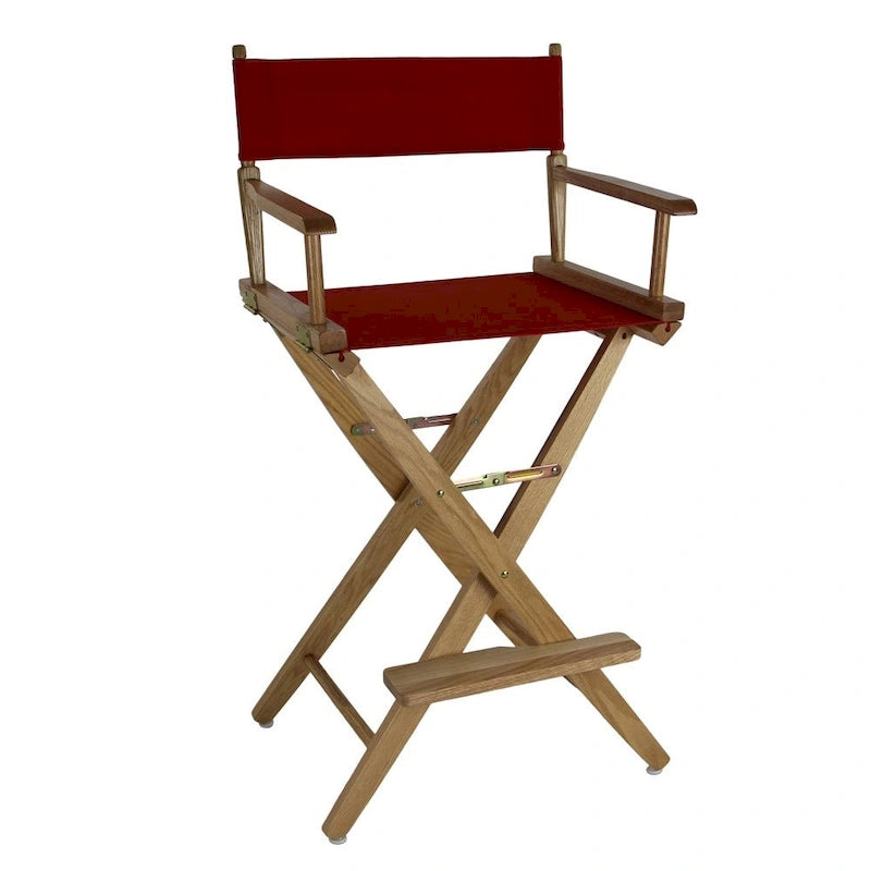 Chaise de réalisateur pliable, hauteur bar, en chêne américain, naturel/noir/chêne Mission, avec toile de coton – Usage unique