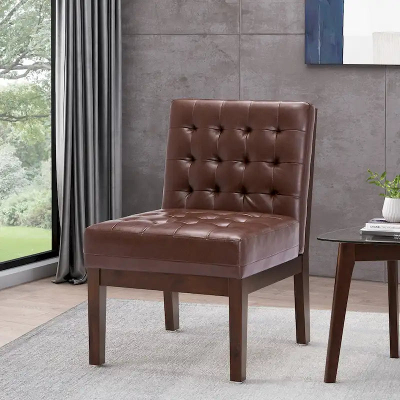Fauteuil d'appoint capitonné en similicuir gaufré marron foncé/cognac/bleu nuit avec pieds espresso foncé - Usage unique