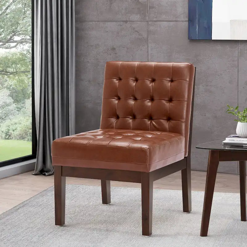 Fauteuil d'appoint capitonné en similicuir gaufré marron foncé/cognac/bleu nuit avec pieds espresso foncé - Usage unique