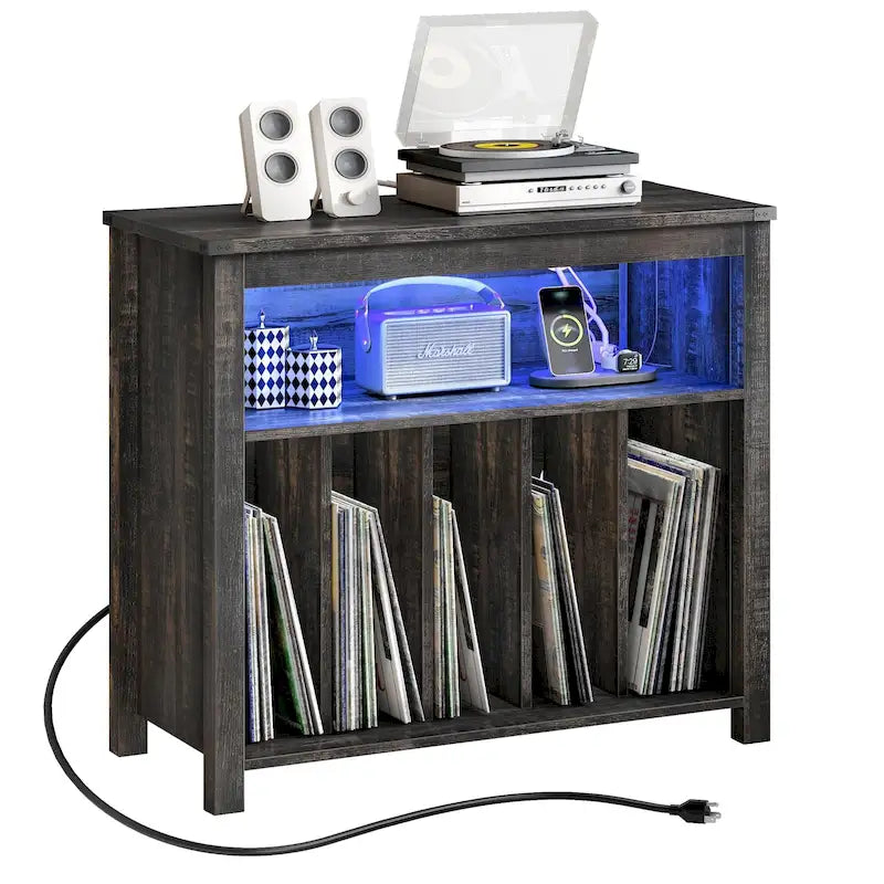 Meuble pour tourne-disque en chêne/marron avec lumières LED, prises de courant et rangement pour albums