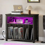 Meuble pour tourne-disque en chêne/marron avec lumières LED, prises de courant et rangement pour albums