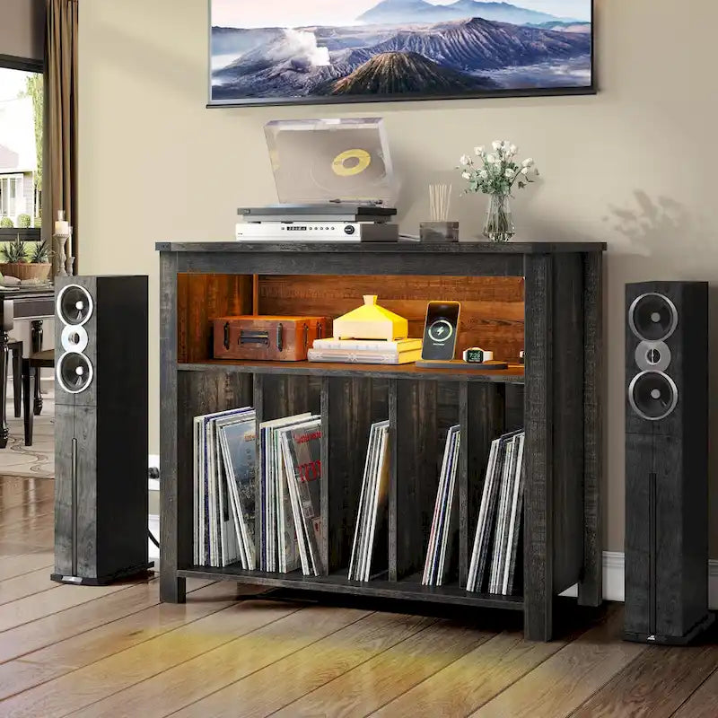 Meuble pour tourne-disque en chêne/marron avec lumières LED, prises de courant et rangement pour albums