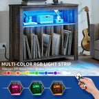 Meuble pour tourne-disque en chêne/marron avec lumières LED, prises de courant et rangement pour albums