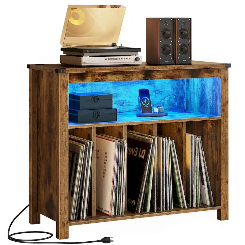 Meuble pour tourne-disque en chêne/marron avec lumières LED, prises de courant et rangement pour albums