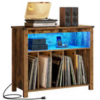 Meuble pour tourne-disque en chêne/marron avec lumières LED, prises de courant et rangement pour albums