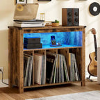 Meuble pour tourne-disque en chêne/marron avec lumières LED, prises de courant et rangement pour albums
