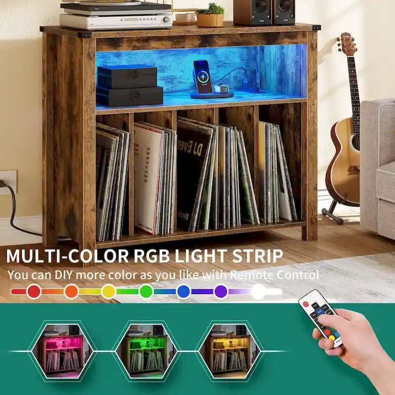 Meuble pour tourne-disque en chêne/marron avec lumières LED, prises de courant et rangement pour albums
