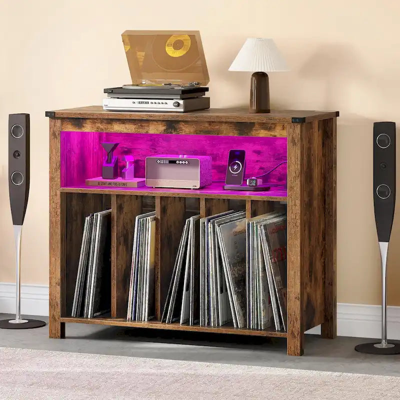 Meuble pour tourne-disque en chêne/marron avec lumières LED, prises de courant et rangement pour albums
