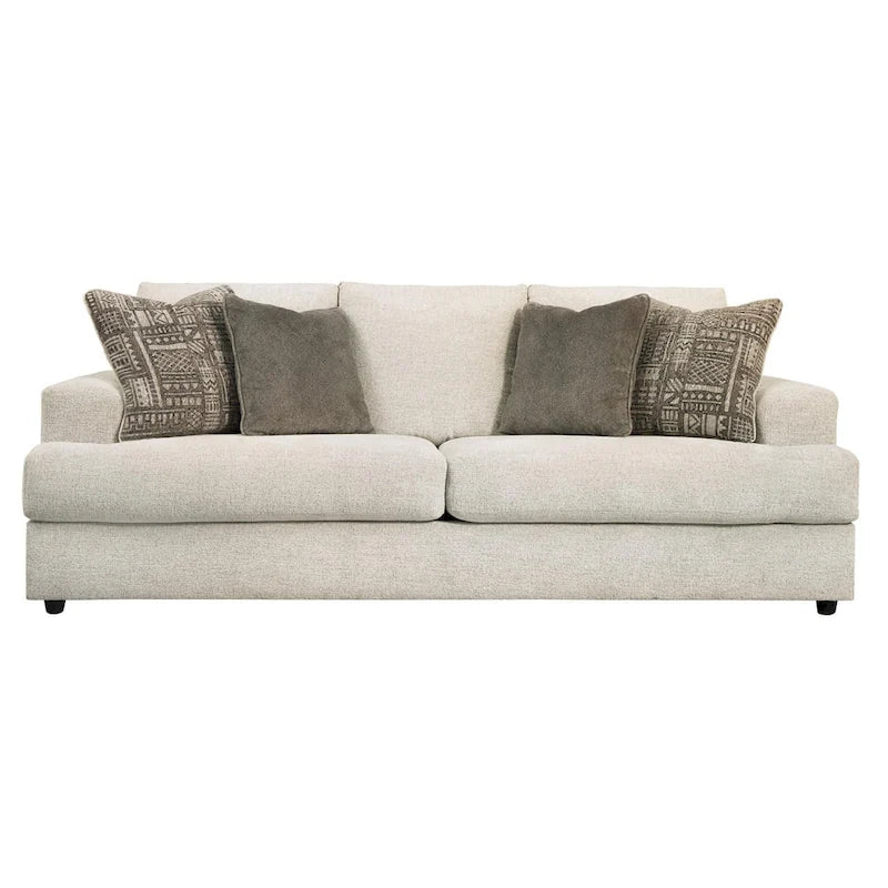 Canapé-lit contemporain en chenille couleur pierre, grand modèle, avec matelas escamotable en mousse à mémoire de forme - 3 places