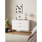 Commode moderne à 3 tiroirs, pieds évasés dorés, Brun doré / Blanc et gris / Noir / Gris / Blanc / Bleu nuit / Vert olive - Utilisation unique