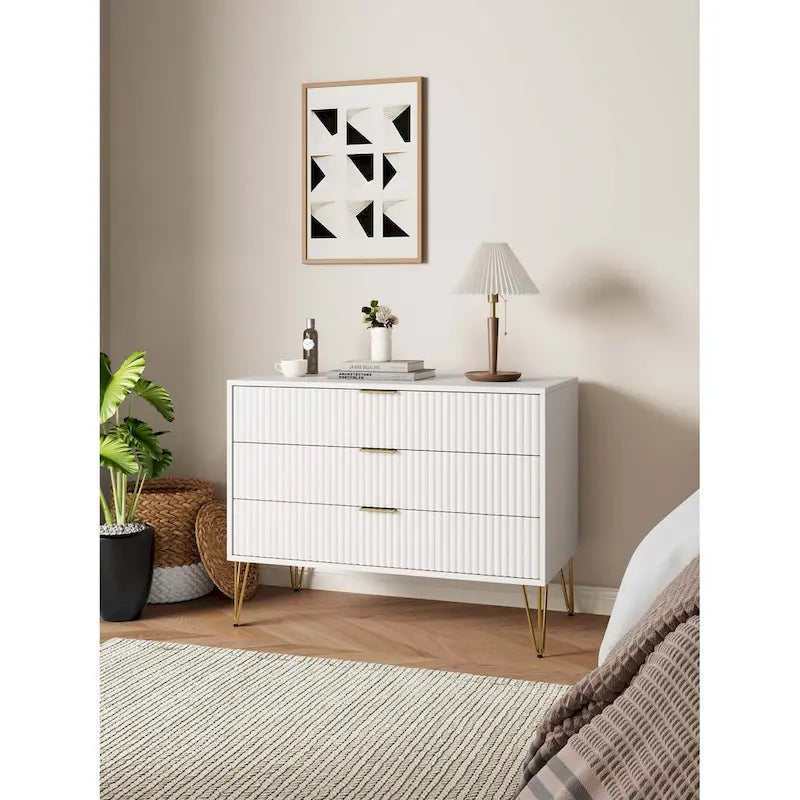 Commode moderne à 3 tiroirs, pieds évasés dorés, Brun doré / Blanc et gris / Noir / Gris / Blanc / Bleu nuit / Vert olive - Utilisation unique