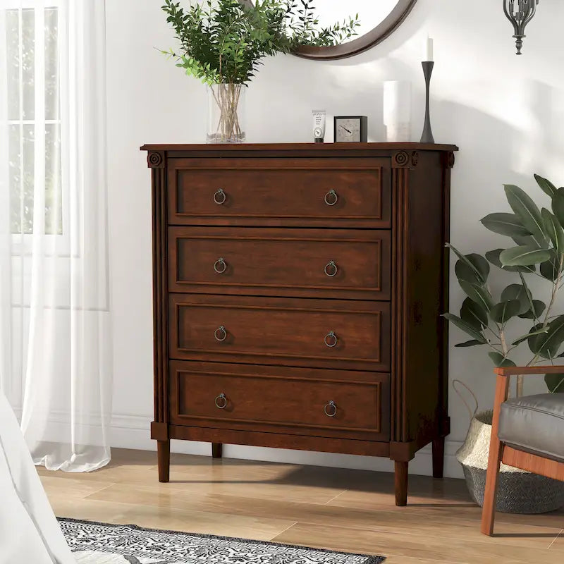 Commode traditionnelle en bois massif à 4 tiroirs - Gris antique / Blanc antique / Espresso - Usage unique