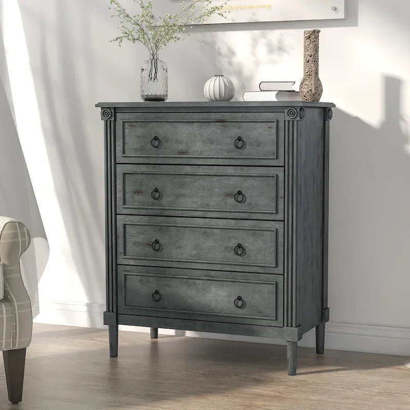 Commode traditionnelle en bois massif à 4 tiroirs - Gris antique / Blanc antique / Espresso - Usage unique