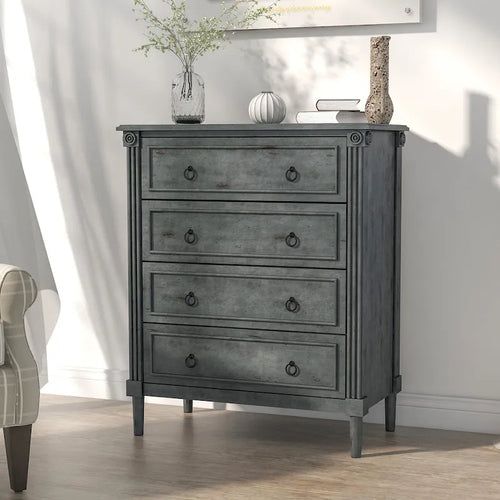 Commode traditionnelle en bois massif à 4 tiroirs - Gris antique / Blanc antique / Espresso - Usage unique