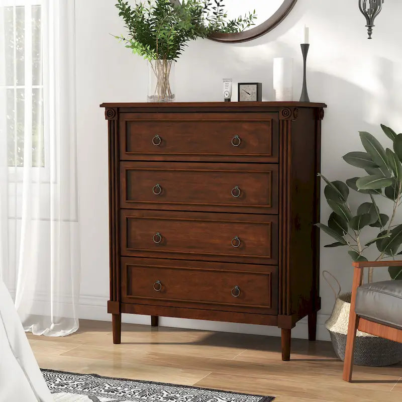 Commode traditionnelle en bois massif à 4 tiroirs - Gris antique / Blanc antique / Espresso - Usage unique