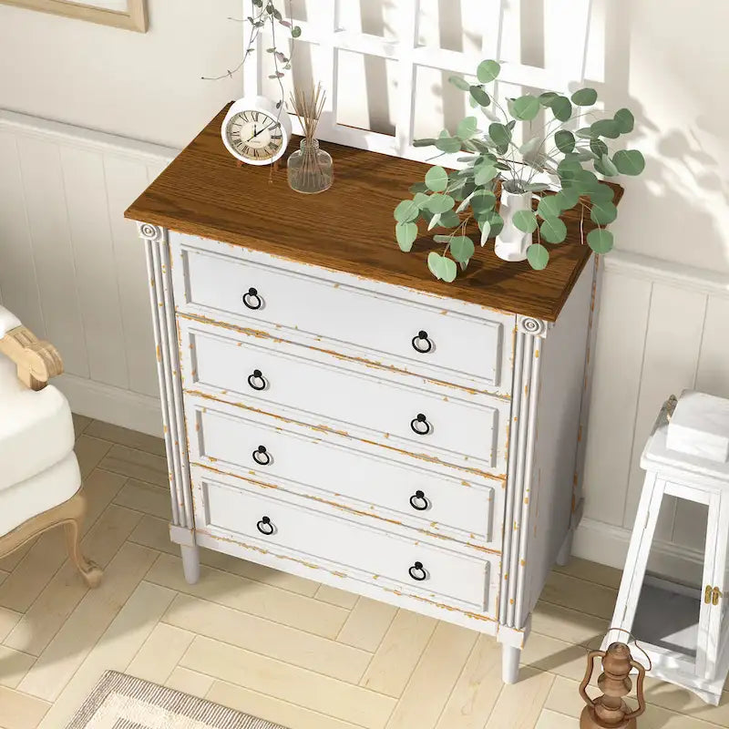 Commode traditionnelle en bois massif à 4 tiroirs - Gris antique / Blanc antique / Espresso - Usage unique