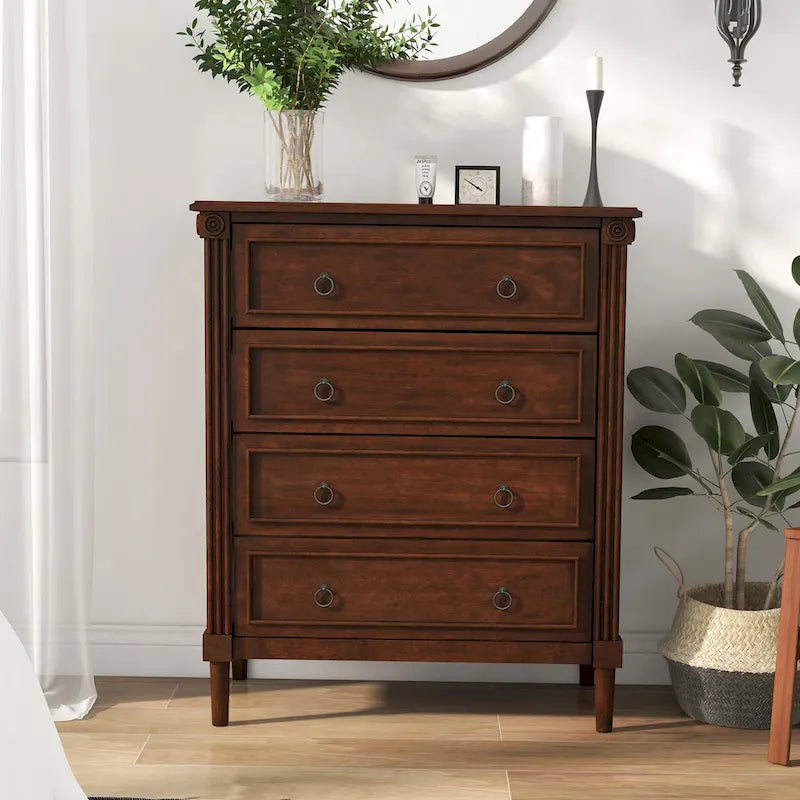Commode traditionnelle en bois massif à 4 tiroirs - Gris antique / Blanc antique / Espresso - Usage unique