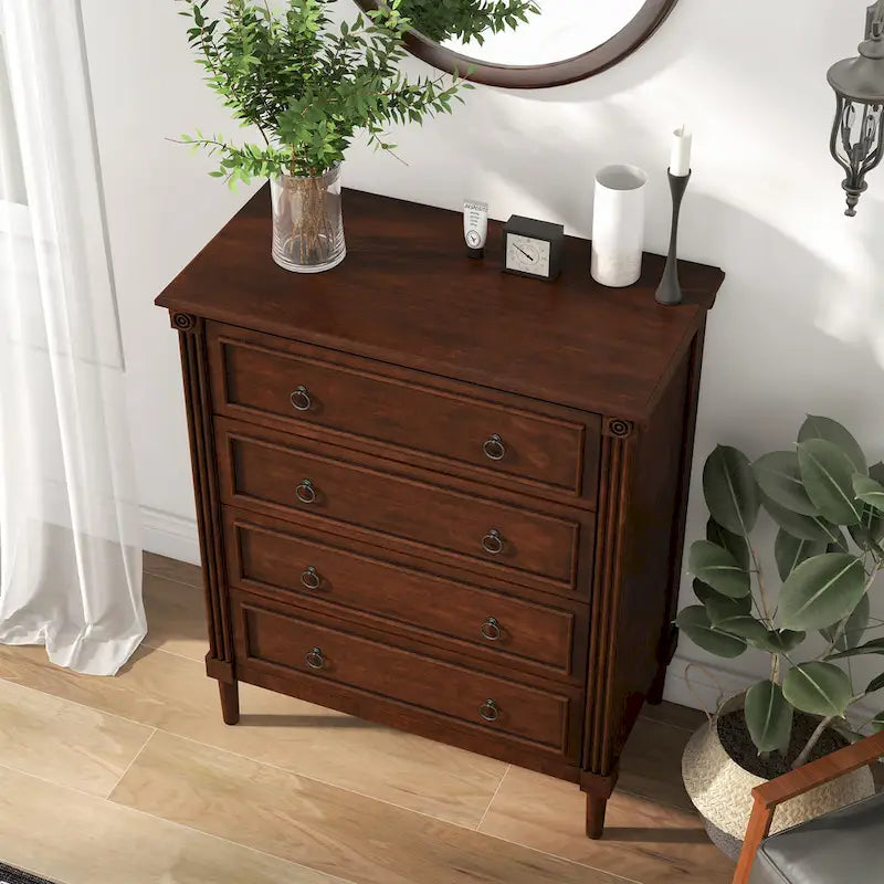 Commode traditionnelle en bois massif à 4 tiroirs - Gris antique / Blanc antique / Espresso - Usage unique