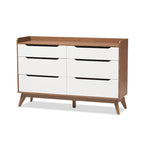Commode 6 tiroirs blanc/noyer mi-siècle avec pieds inclinés - Usage unique