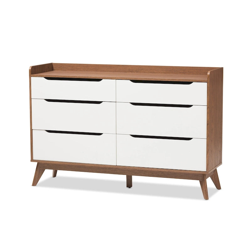 Commode 6 tiroirs blanc/noyer mi-siècle avec pieds inclinés - Usage unique