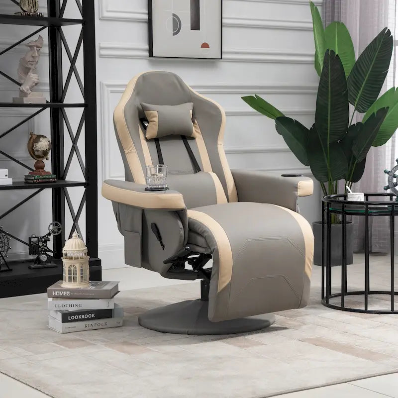 Fauteuil inclinable manuel en similicuir gris avec rotation à 360°, repose-pieds réglable et porte-gobelet - Usage individuel