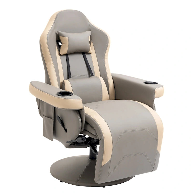 Fauteuil inclinable manuel en similicuir gris avec rotation à 360°, repose-pieds réglable et porte-gobelet - Usage individuel