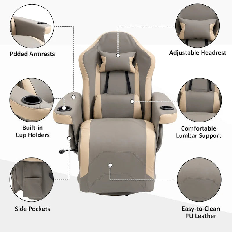Fauteuil inclinable manuel en similicuir gris avec rotation à 360°, repose-pieds réglable et porte-gobelet - Usage individuel