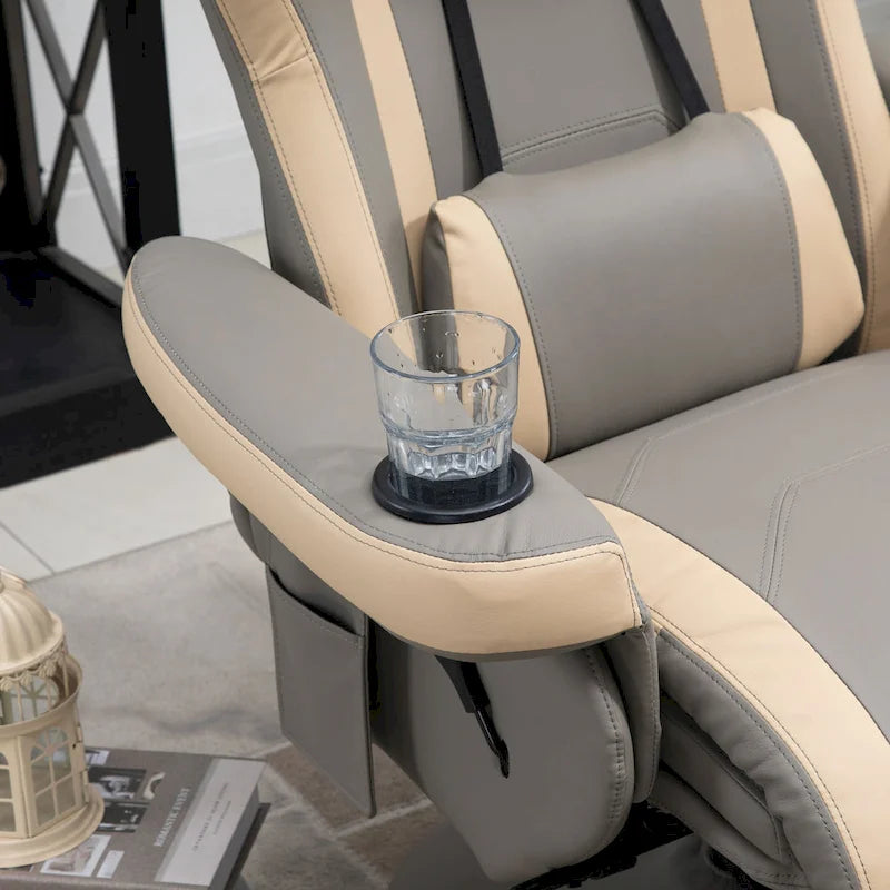 Fauteuil inclinable manuel en similicuir gris avec rotation à 360°, repose-pieds réglable et porte-gobelet - Usage individuel