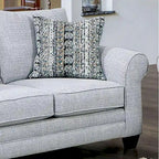 Causeuse en tissu d'aspect lin gris de style transitionnel avec accoudoirs roulés et coussins décoratifs – 2 places