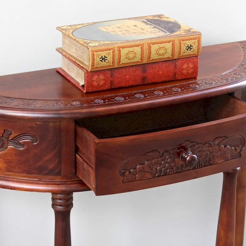 Console demi-lune en noyer sculpté à la main en bois massif avec 2 étagères - Usage unique