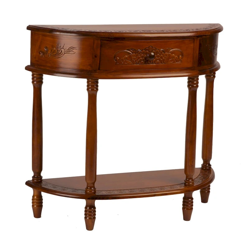 Console demi-lune en noyer sculpté à la main en bois massif avec 2 étagères - Usage unique
